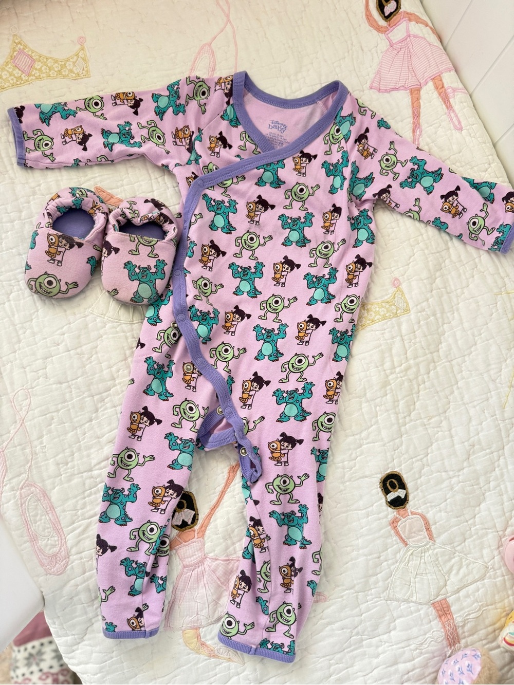 Disney Baby Monsters, Inc. themed infant romper with matching booties. 18months